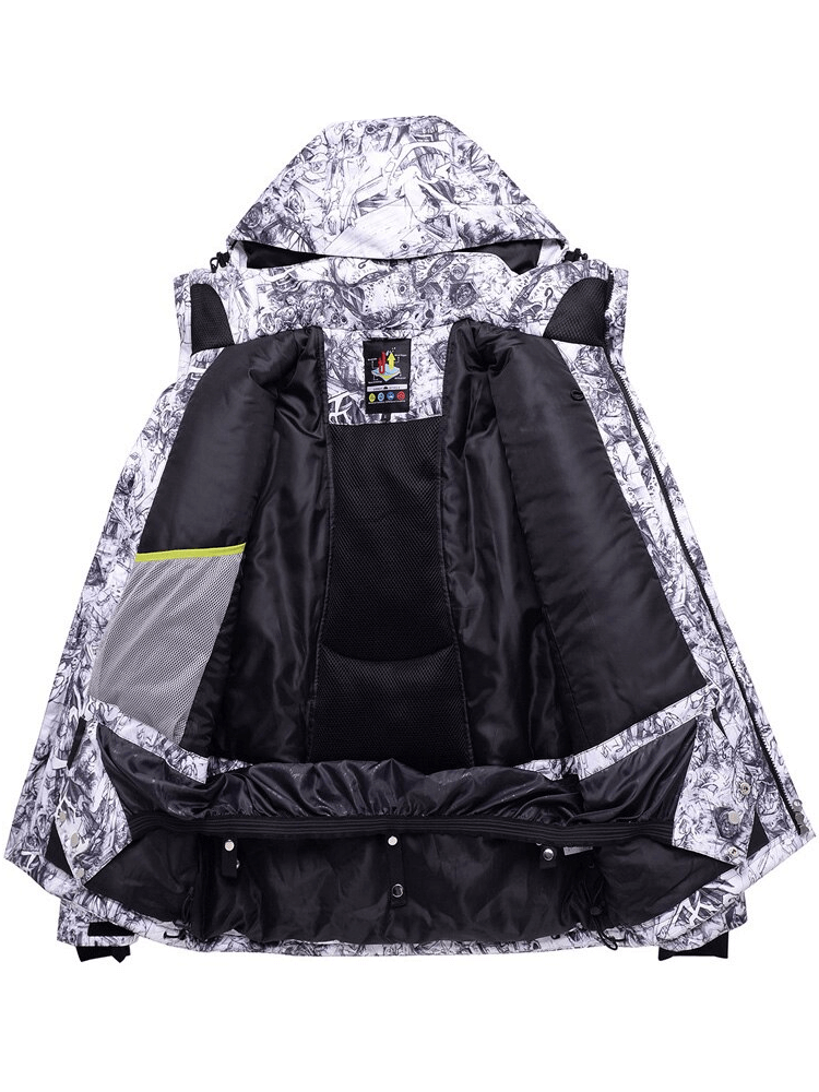 Men's waterproof windproof ski jacket, open view, showing hood and interior linings, perfect for skiing and winter sports. SF0922